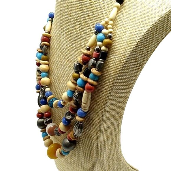 Statement Necklace 3 Strand  Nickle-free Metal, Resin, Glass and Wood beads 18" - Picture 2 of 9